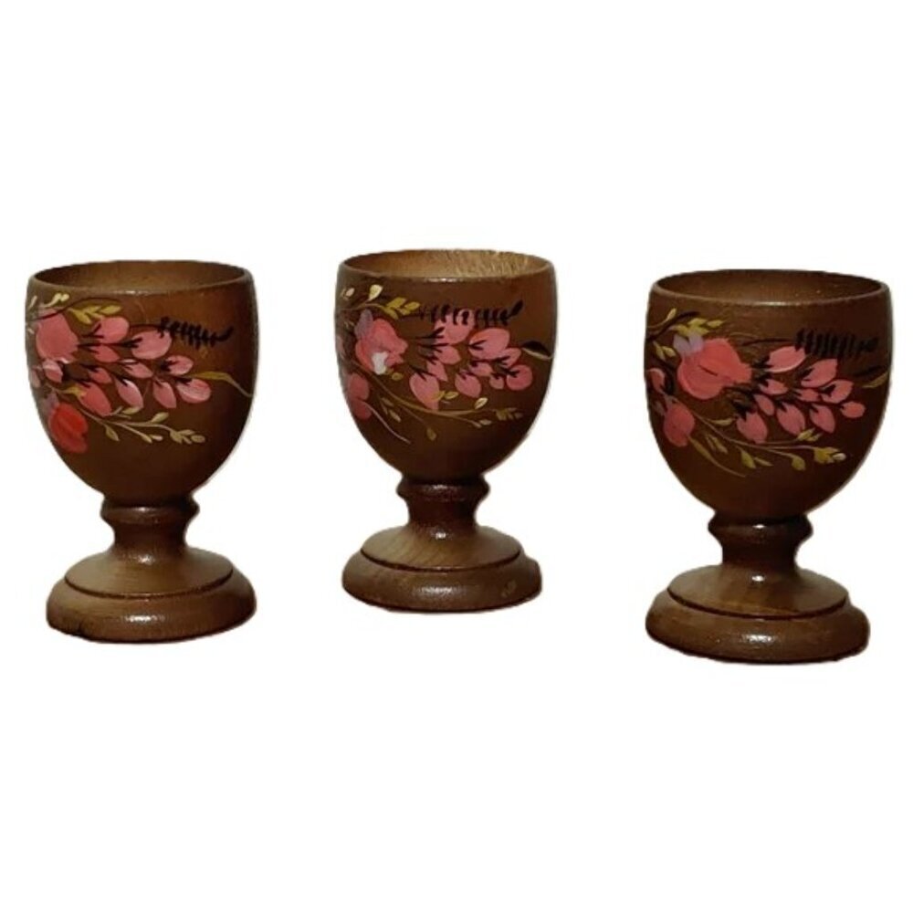 Vintage Folk Art Wood Egg Cups Boho‎ Cottage Core Hand Painted 3 Ct